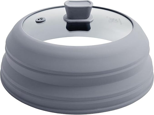 Microwave Splatter Cover for Food Collapsible Glass Microwave Cover Silicone Splatter Guard Dishwasher Safe Splatter Lid for Plates, Bowls, Pots & Stovetop Cooking 10.8" Gray