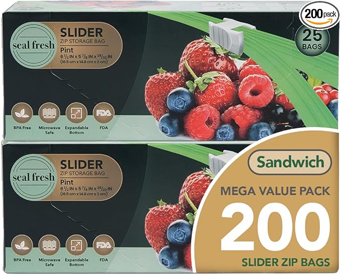 Pint Slider Storage Bags 200 Pack — Reusable Freezer Bags with Expandable Bottom, BPA Free, Microwave Safe, Clear Pint Food Storage Bags