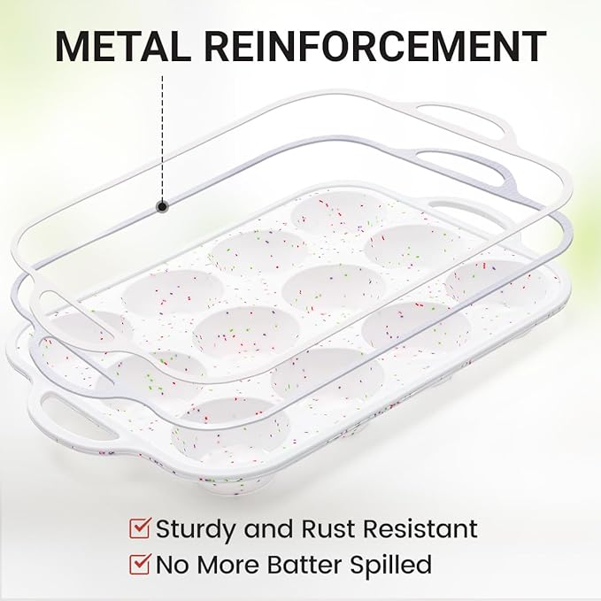 CAKETIME 12 Cups & 24 Cups Silicone Muffin Pan with Metal Frame, Regular & Mini Muffin Pan Set for Baking 2 Pack