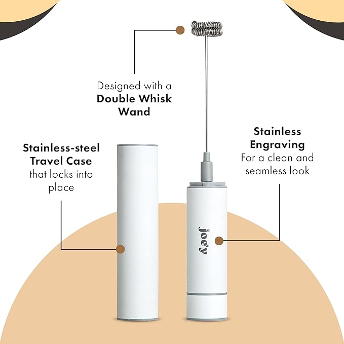 Joe’y High-Grade Milk Frother, USB-Powered Handheld Whisk for Coffee, Lattes, Matcha, Hot Chocolate, Dual-Speed Stainless Steel Frothing Wand with Travel Case, Double-Whisk, White