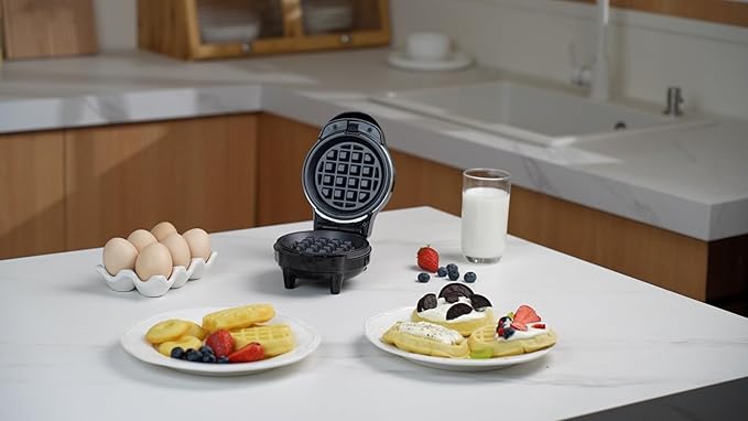 Mini Waffles Maker with 6 Removable Plates, 3 in 1 Small Waffle Maker Mini- Waffle, Heart Waffle, Donut, 4.5" Non Stick Waffle Iron for Kids and Families, Black