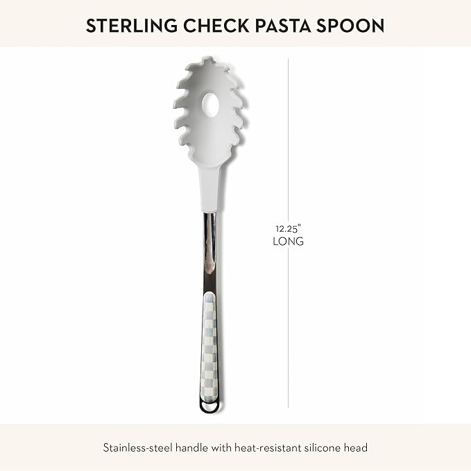 MACKENZIE-CHILDS Kitchen Pasta Spoon, Silicone Spaghetti Spoon, Gray-and-White Sterling Check