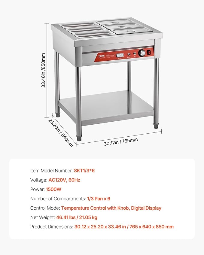 VEVOR 6-Pan Commercial Food Warmer, 6 x 1/3 Pans Electric Steam Table, 1500W Professional Buffet Catering Food Warmer with Undershelf, Stainless Steel Server for Restaurant Party Hotel