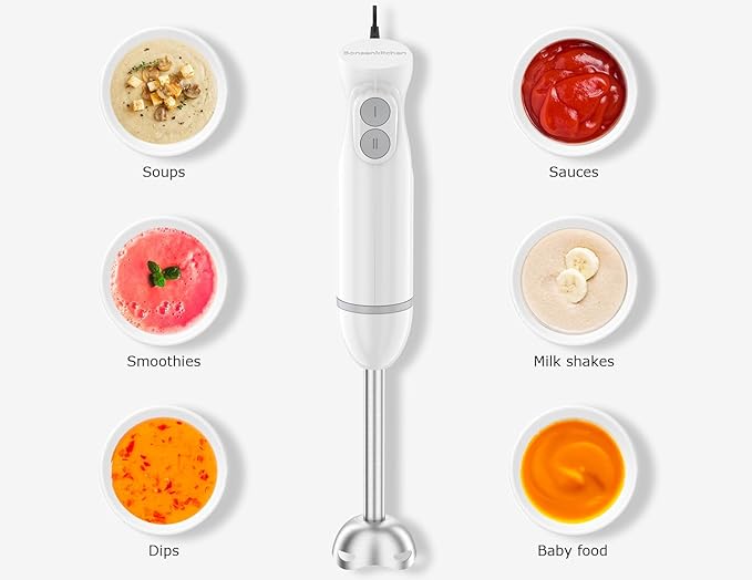 Bonsenkitchen Hand Blender, Immersion Blender with 2 Mixing Speed, Electric Portable Handheld Stick Mixer with Stainless Steel Blades for Soup, Smoothie, Puree, Baby Food, White