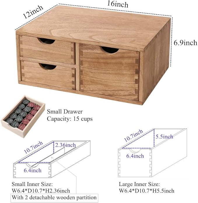 Capsules Coffee Storage Drawer for Pod K-cup Holder - Counter Organizer for Kitchen Utensil Storage - Wood Desktop Coffee Brewer Accessories Stand CF2D3C-LT