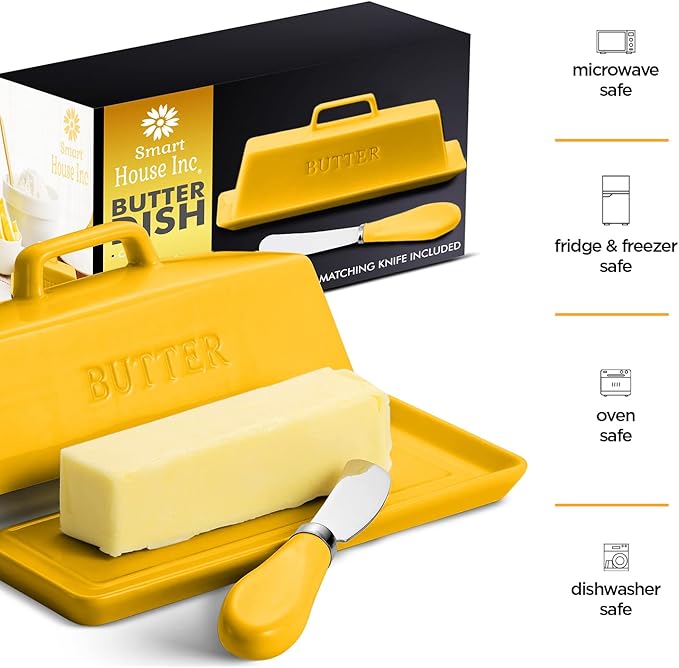 Ceramic Butter Dish Set with Lid and Knife - [Yellow]- Decorative Butter Stick Holder with Handle for 1 Stick of Butter - Microwave Safe, Dishwasher Safe - Anti-Scratch Stickers Included