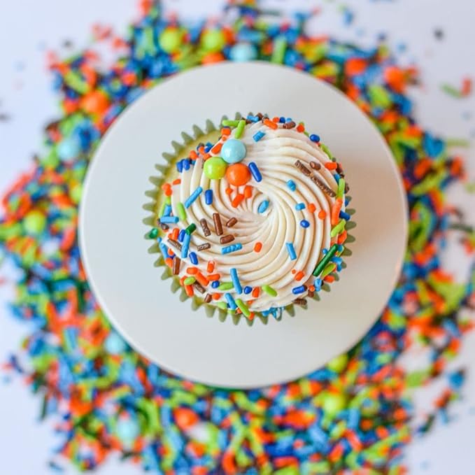 Dinosaur Sprinkles for Cupcakes Cake Decorating, Cookies and Baking - Fancy Edible Dino Sprinkles Cake Toppings in Brown Jimmies, Blue Nonpareils, Orange and Green Sugar Crystal and Pearl Sprinkles