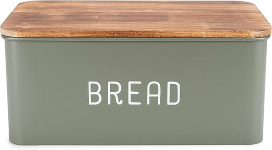 Nat & Jules Matte Green 12 x 7 Metal Enamel Rubber Wood Lidded Bread Box