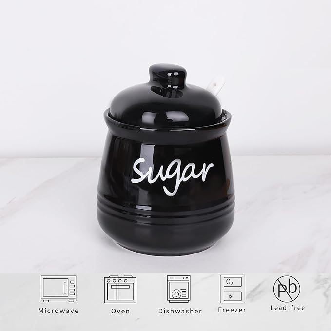 HAOTOP 12oz Sugar Bowl with Lid and Spoon,Ceramic Sugar Jar Sugar Dispenser Sugar Container Coffee Bar Accessories, Kitchen Countertop Canisters, Black