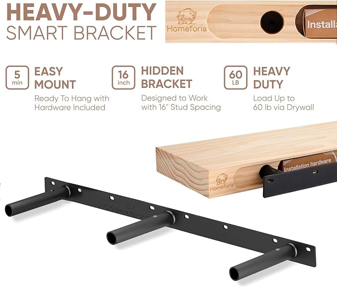 Homeforia Floating Black Shelf 60 inch, High End Solid Real Wood 60 inches Long Floating Shelves for Wall, Black Wooden 60inch Large Floating Shelves, Heavy Duty Bracket, 60 X 6.5 X 1.75 in, Set of 2