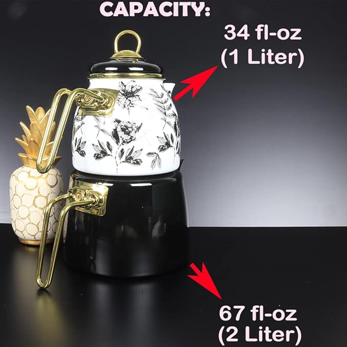 Vintage Turkish Teapot Tea Pots Kettle Set for Stovetop Stove Top Decorative Infuser Party Cups Glasses Floral Unique Boiler Samovar Strainer Loose Leaf Kitchen Style Enamel Decor (White-Black)