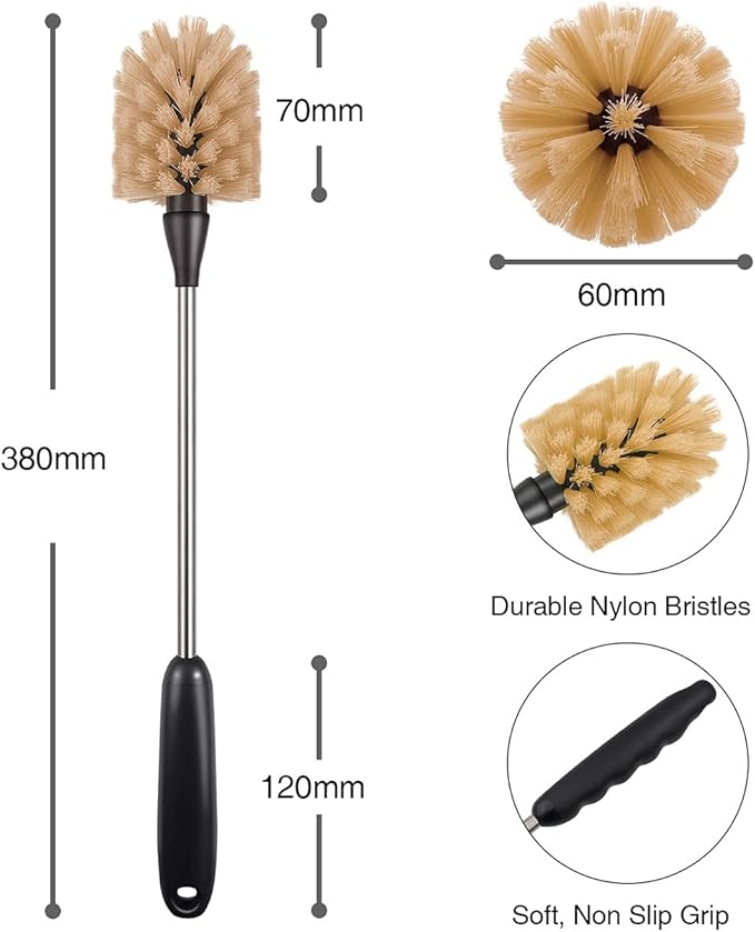 Stainless Steel Long Handle Water Bottle Brush, Flexible Scrubbing Brush for Cleaning Water Bottles, Baby Water Bottles, Glassware, Food Jars, Sports Jugs, Sobriety Jugs, 2 Pack, 15 in.