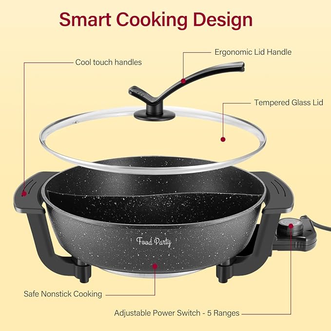 Food Party Electric Hot Pot with Divider Hotpot Pot Electric Hopot Cooker Shabu Shabu Pot 110V 1200W Non-Stick 6-Quart BPA FREE Fondue Chinese Hot Pot