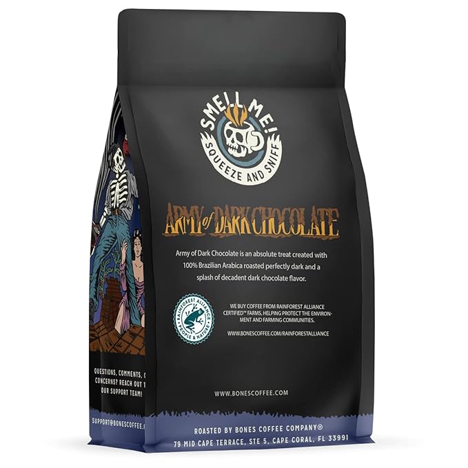 Bones Coffee Company Army of the Dark Chocolate Flavored Coffee, Medium Roast Low Acid Arabica Beans Compatible with Auto drip and French Press Coffee Maker, 12 Oz Whole Bean