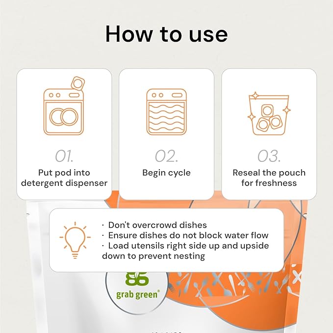 Grab Green Automatic Dishwashing Detergent Pods, 24 Count, Fragrance Free, Plant and Mineral Based, Superior Cleaning, Powerful Grease Removal, Brilliant Shine, Packaging May Vary