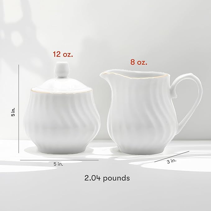 Sugar and Creamer Set - Porcelain Sugar and Creamer Vintage Tea Set with Gold Trims & Embossed Swirls - Exquisite Fine China Tea Set for Parties & Celebrations - Imperial Gold Set by Lynns