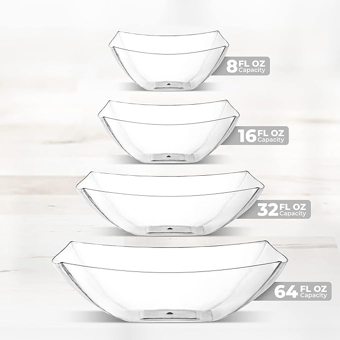 Posh Setting - Clear Plastic Serving Bowls (64oz - 4 Pack) Square, Disposable, Candy & Fruit Bowls for Party Table, Candy Containers