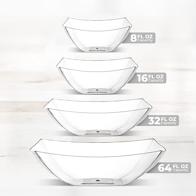 Posh Setting - Clear Plastic Serving Bowls for Party (32oz - 4 Pack) Square, Disposable, Salad & Fruit Bowls for Party Table, Candy Containers for Candy Buffet