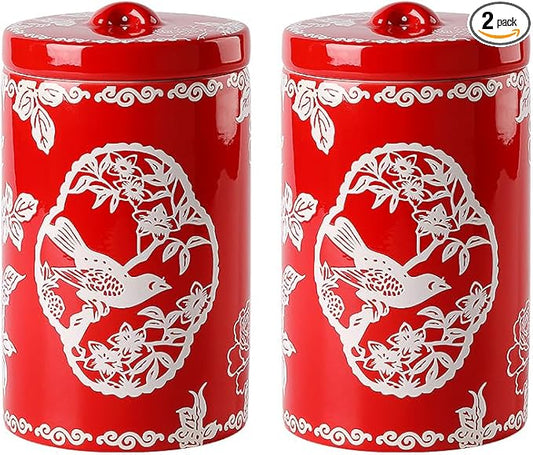 Porlien Bird Porcelain 15-ounce Canisters Set of 2, Food Storage Containers with Lid for Coffee Beans, Tea, Condiments & Nuts, Gifts for Mothers'Day