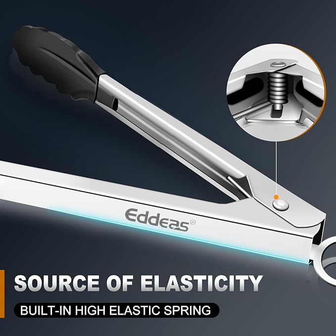 Kitchen Tongs with Silicone Tips, Heat Resistant 600 Degrees All Metal handle Locking Tongs For Cooking with Rubber Tips, Heavy Duty Stainless steel Food Tongs, Set of 3-7" 9" & 12" Black