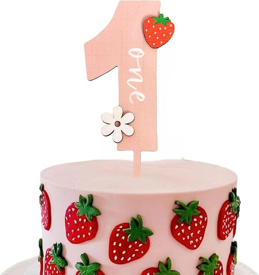 Strawberry One Cake Topper - Flower Wooden Cake Topper, Berry First Birthday Cake Decoration for Baby Shower, Birthday Party, Anniversary, Baby Photo Booth Props, Cake Smash...