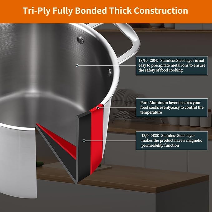DELARLO Tri-Ply Stainless Steel Soup Pot 12QT, Tri-ply Big Pots for Cooking, 18/10 whole clad Stainless Steel Pot, Fast Even Heat, 12 QT Stock cookware with Lid, Pasta Pot, Induction Ready Up to 600℉