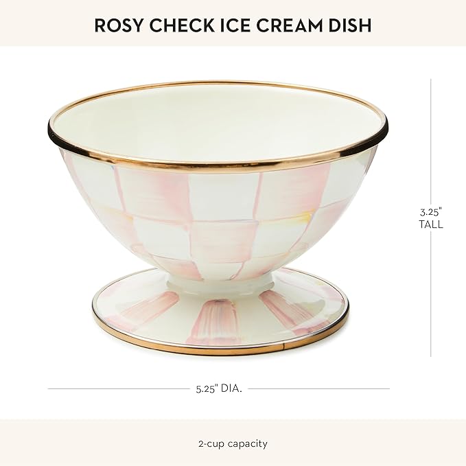 MACKENZIE-CHILDS Enamel Ice Cream Bowl, Serving Bowl for Entertaining, 2-Cup Capacity, Pink-and-White Rosy Check