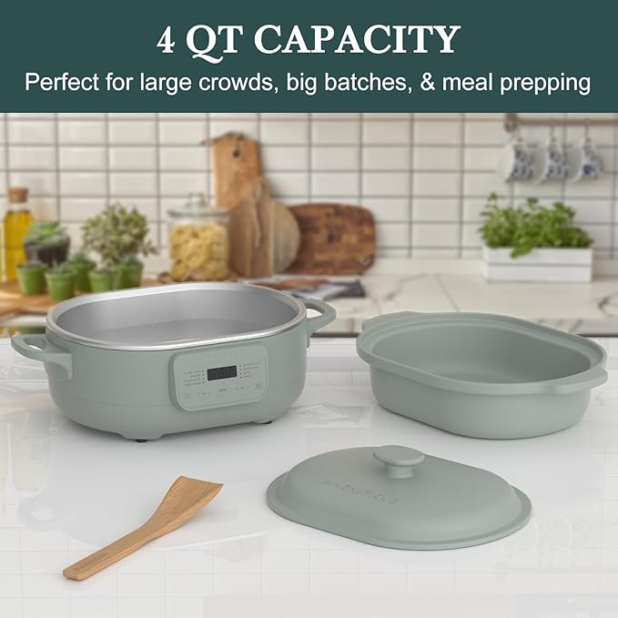 4 Quart Programmable Slow Cooker with Flexible Easy Programming, 8-in-1 Multi-Cooker with Dishwasher Safe Lid & Removable Crock Pot & Wooden Spoon, Nonstick, Oven Safe Pot to 500°F, Olive