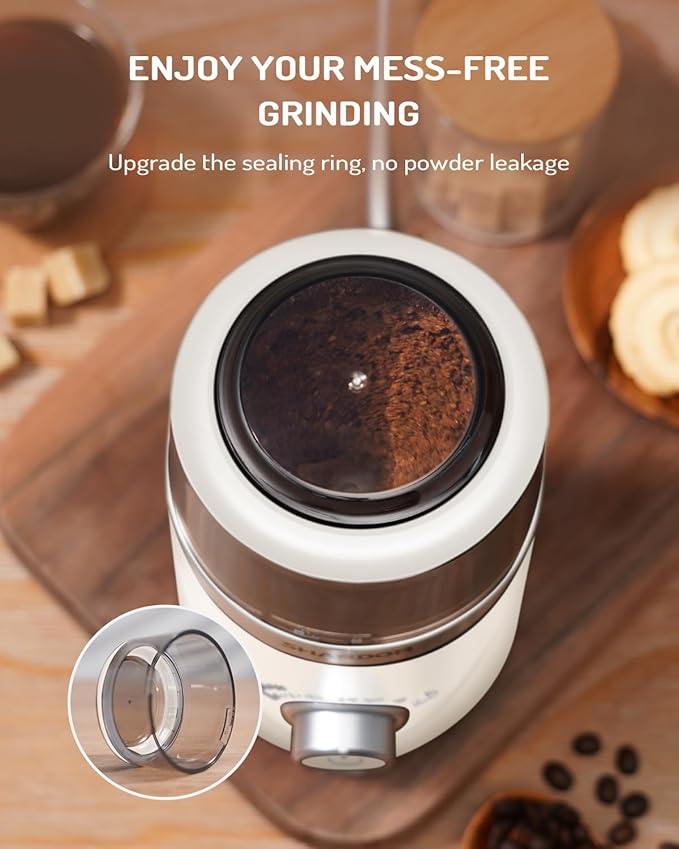 SHARDOR Electric Super Silent Blade Coffee Grinder, Timed Grind Control Rotary Knob, Adjustable Coarse to Fine for Coffee Beans, Spices & Herbs, with 1 Removable Stainless Steel Bowl, Cream