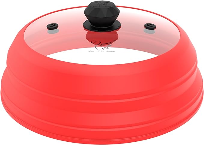 Microwave Splatter Cover Vented Glass Splatter Guard Lid with Collapsible Silicone for Food as Pot Cover 11.8 inch Large Plate for 6 7 8 9 10 11 inch Plate Bowl Red