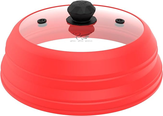 Microwave Splatter Cover Vented Glass Splatter Guard Lid with Collapsible Silicone for Food as Pot Cover 11.8 inch Large Plate for 6 7 8 9 10 11 inch Plate Bowl Red