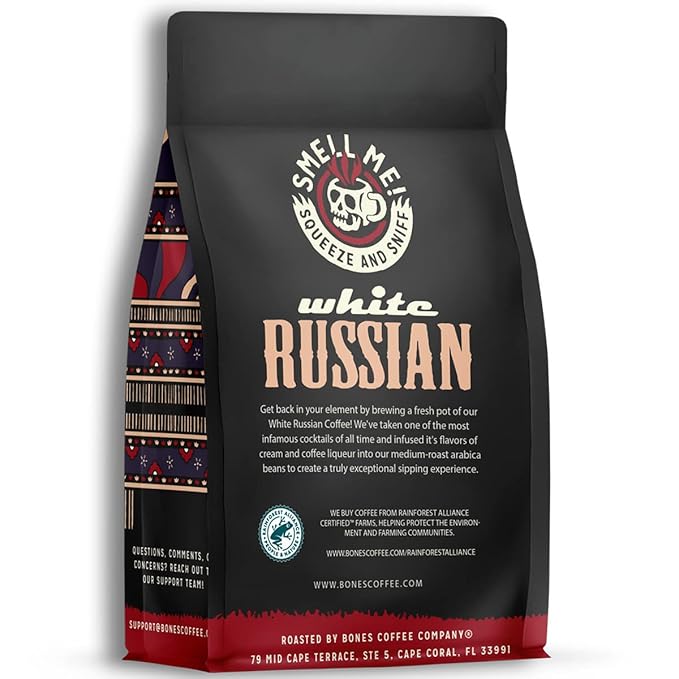 Bones Coffee Company White Russian, Cream and Cocktail Flavored Coffee, Medium Roast Low Acid Arabica Beans Compatible with Auto drip and French Press Coffee Maker, 12 Oz Whole Bean