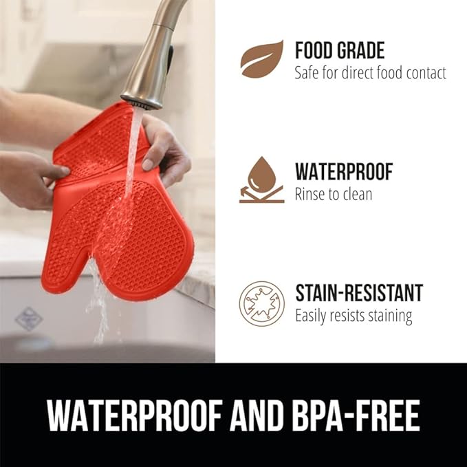 GORILLA GRIP BPA-Free Soft Silicone Oven Mitts, 14.5x8.3, Heat Resistant and Waterproof Cooking Gloves, Thick Cotton Lining, Flexible Gripping for Baking Grilling, Kitchen Potholders Set of 2, Coral