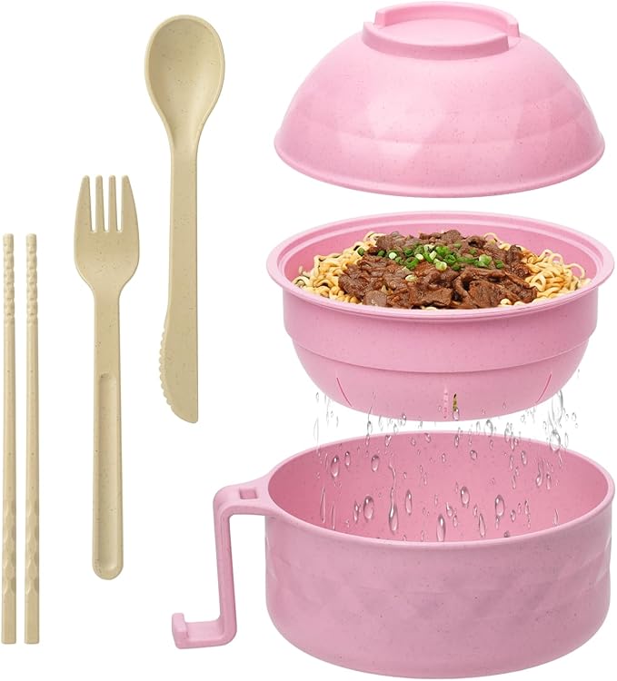 Ramen Cooker,32oz Ramen Bowl Set,Microwave Ramen Bowl, Microwave Bowl with Lid, Portable Noodle Bowls,for Home Office Dorm Room College gift (Pink)