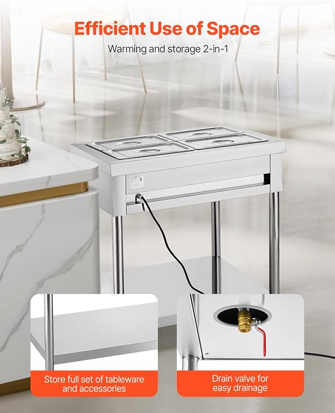 VEVOR 4-Pan Commercial Food Warmer, 4 x 1/2 Pans Electric Steam Table, 1500W Professional Buffet Catering Food Warmer with Undershelf, Stainless Steel Server for Restaurant Party Hotel
