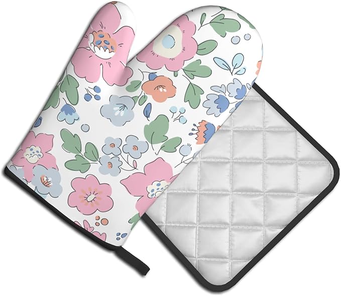Pink Floral Oven Mitts and Pot Holder Set of 2 Watercolor Flower Heat Resistant BBQ Gloves Hot Pads for Kitchen Baking Cooking Microwave