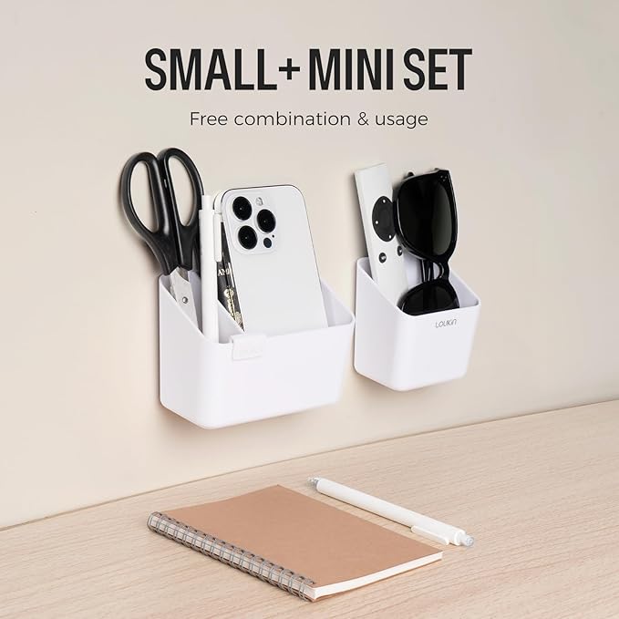 loukin Magnetic & Adhesive Dry Erase Marker Holder with Diver, 1 Small + 1 Mini, Magnetic Storage Organizer for Whiteboard or Refrigerators (White)