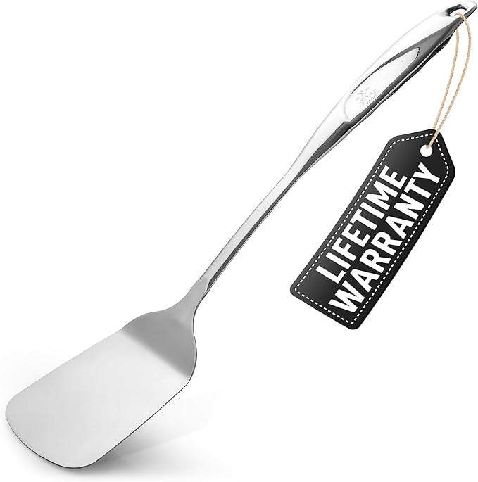 Zulay Kitchen Premium Stainless Steel Metal Spatula - Cooking Spoon Turner - Durable Cooking Utensil with Ergonomic, Easy to Use Handle - Easy to Clean, Perfect for at Home Cooks & Chefs - 15”