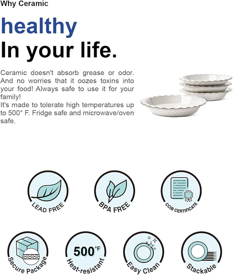 LE TAUCI Pie Pans for Baking 9 Inch, Ceramic Pie Plate for Apple Pie, Round Baking Dish Oven Safe, Embossment Housewarming Wedding Present - 36 OZ, Set of 1, Honey Comb, Arctic White