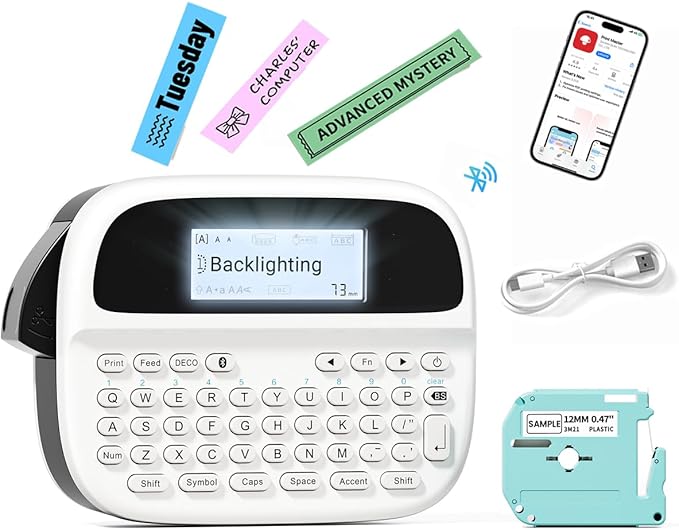Label Maker Machine with-Tape, Rechargeable Label Maker Waterproof-Labels, Portable Bluetooth Labeler, Labeling Machine with Backlit LCD, QWERTY Keyboard & APP Connectivity for Home Office Use