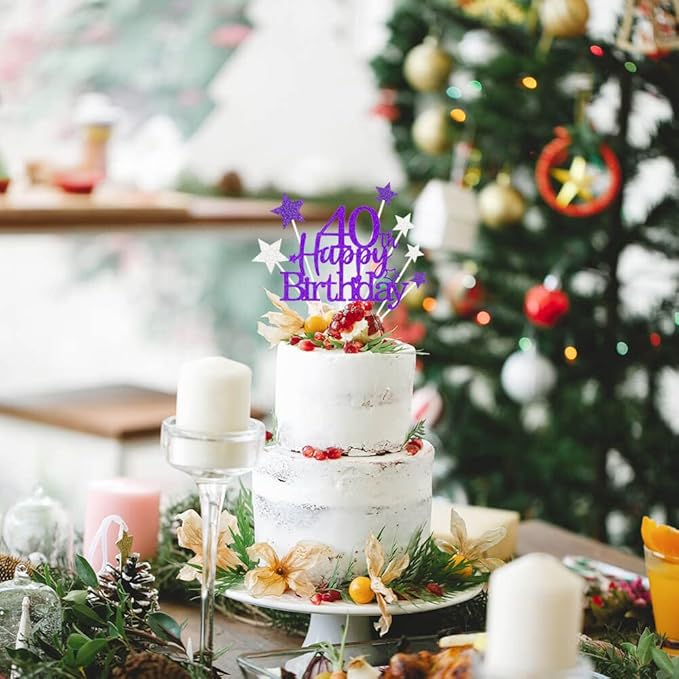 Glittery 40th Happy Birthday Cake Topper with Star,Personalised 40 Birthday Cake Toppers Party Decorations Party Supplies for Men Women Purple Silver