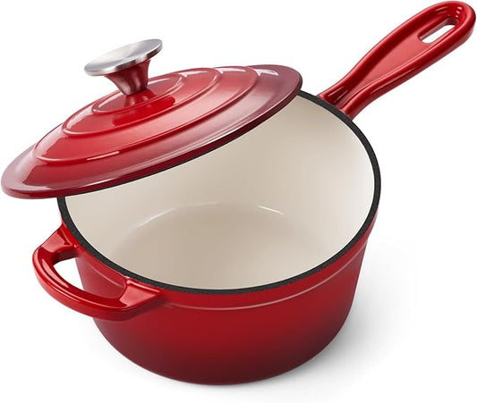 2QT Saucepan with Lid, Onader Enameled Cast Iron Sauce Pan Pot, Small Dutch Oven Cooking Kitchen Pot, Nonstick & Heavy Duty – Red