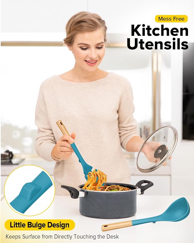 Silicone Soup Ladle and Spaghetti Spoon Set with Wooden Handle, Non Stick Heat Resistant Kitchen Utensils for Cooking, Stirring, Serving Pasta, Soup & Sauce(BLUE)