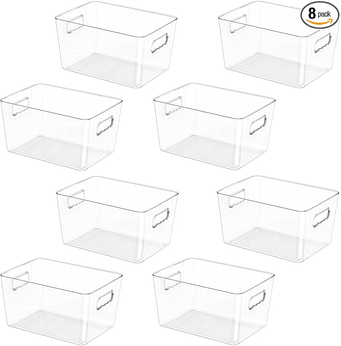 BALEINE Clear Plastic Storage Bins, Pantry Organization, BPA Free Stackable Refrigerator Organizers and Storage with Handles for Kitchen Fridge Cabinet Bathroom (8PK, 9.5x5.5x4.5)