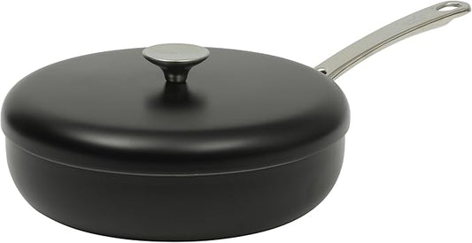Sur La Table Kitchen Essentials Potluck Porch 4.5 Quart Sauté Pan, Deep Frying Pan Skillet w/Lid Aluminum PFA Free Ceramic Cookware Chef's Pan, Omelet Pan - Induction - Black