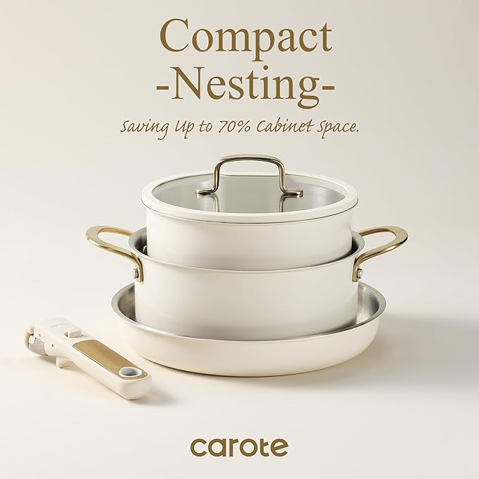 CAROTE 19pcs Tri-Ply Stainless Steel Cookware Set with Detachable Handle, Pots and Pans Set, Induction Kitchen Cooking Sets, RV/Camping Cookware, Outer Ceramic Layer, Oven Safe, Cream White