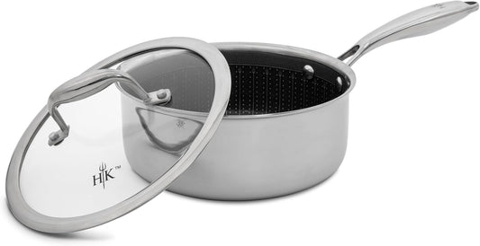 Hell's Kitchen Hybrid 2.5 Qt Saucepan and lid, Tri-Clad Stainless Steel and Nonstick Ceramic, PFAS Free, no PFOA, no PTFE, no Teflon, Non Toxic Cookware, Metal Utensil Safe, All Cooktops and Oven Safe