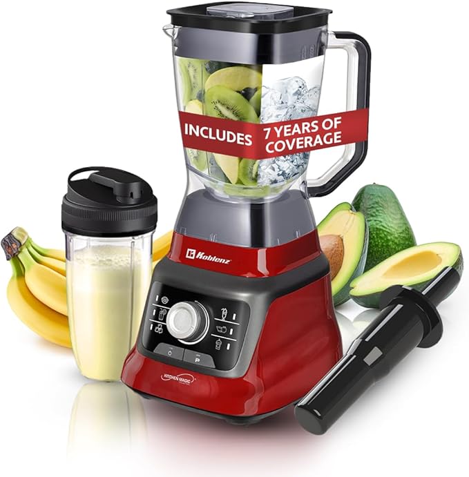 Koblenz Bob Blender, Countertop with Reversible motor, Speed Knob and 6 Functions, 1400-watt Motor, 68 oz. Capacity, Super Silent Operation, Includes 1 To-Go Cup and Tamper, Black/Red, LKM-9608