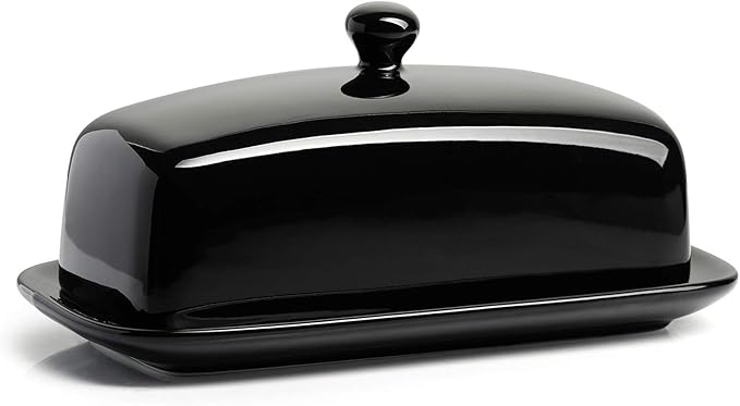 Sweese Butter Dish with Lid, Porcelain Butter Keeper, 7.8 Inch Butter Holder with Handle Cover, Butter Container Perfect for East West Coast Butter, Black