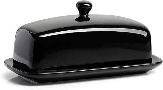 Sweese Butter Dish with Lid, Porcelain Butter Keeper, 7.8 Inch Butter Holder with Handle Cover, Butter Container Perfect for East West Coast Butter, Black